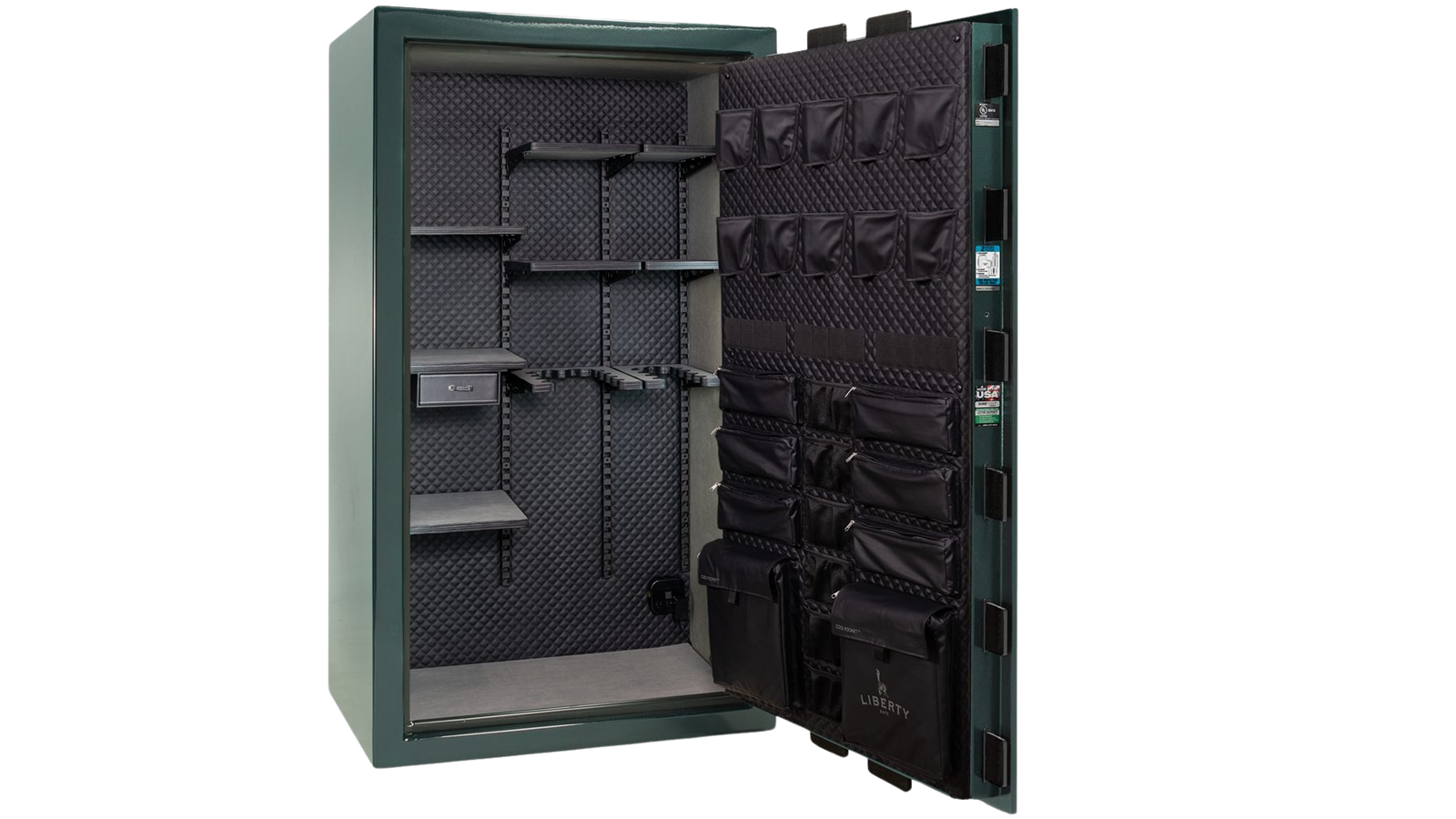 Open Liberty Safe interior showing shelving and a door organizer panel