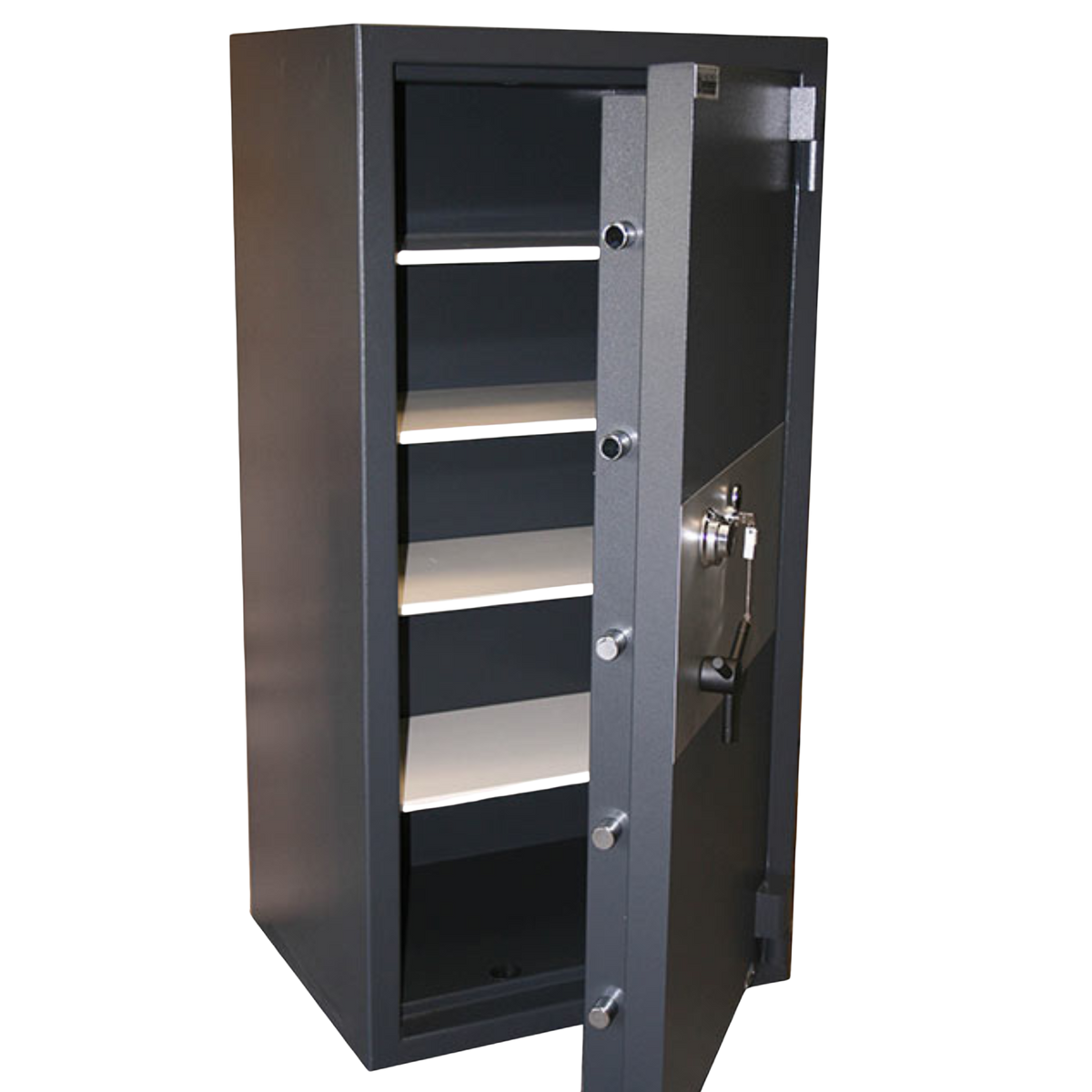 Large metal safe with open door on a white background
