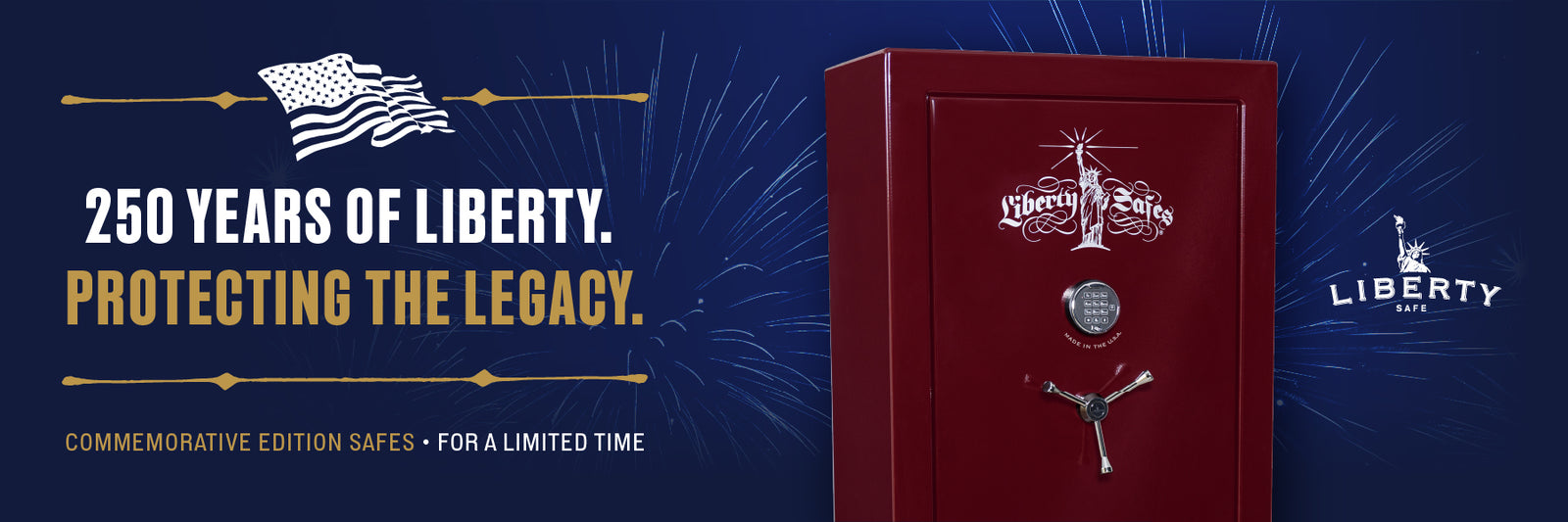 Red Liberty safe with branding and text on a blue background