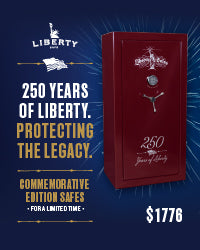 Red safe with 'Liberty' branding and text about 250 years of history and commemorative edition safes.