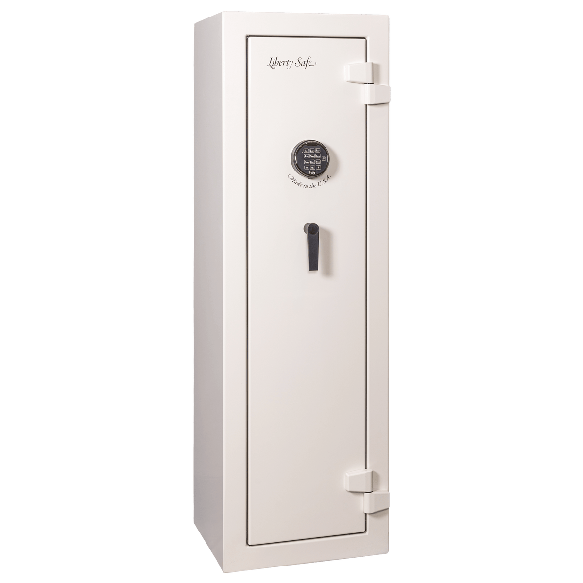 Liberty Home Advantage home safe in White Ivory Gloss, door closed, with keypad lock and drop handle