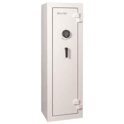 Liberty Home Advantage home safe in White Ivory Gloss, door closed, with keypad lock and drop handle
