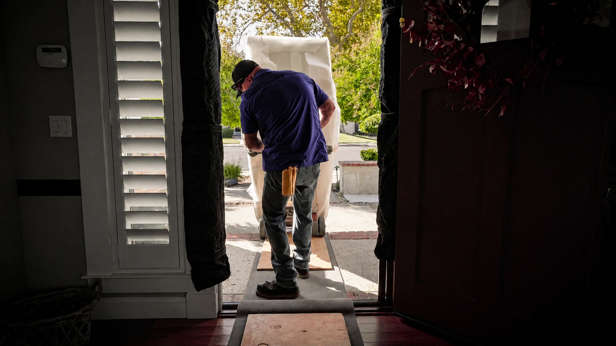 A cleared doorway with hardboard floor-protection panels laid along the delivery path