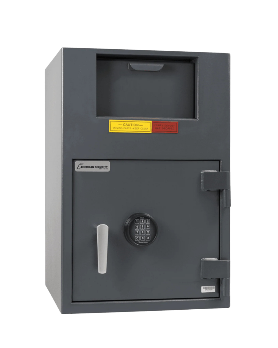 An American Security depository drop safe with a one-way front drop slot and electronic keypad lock