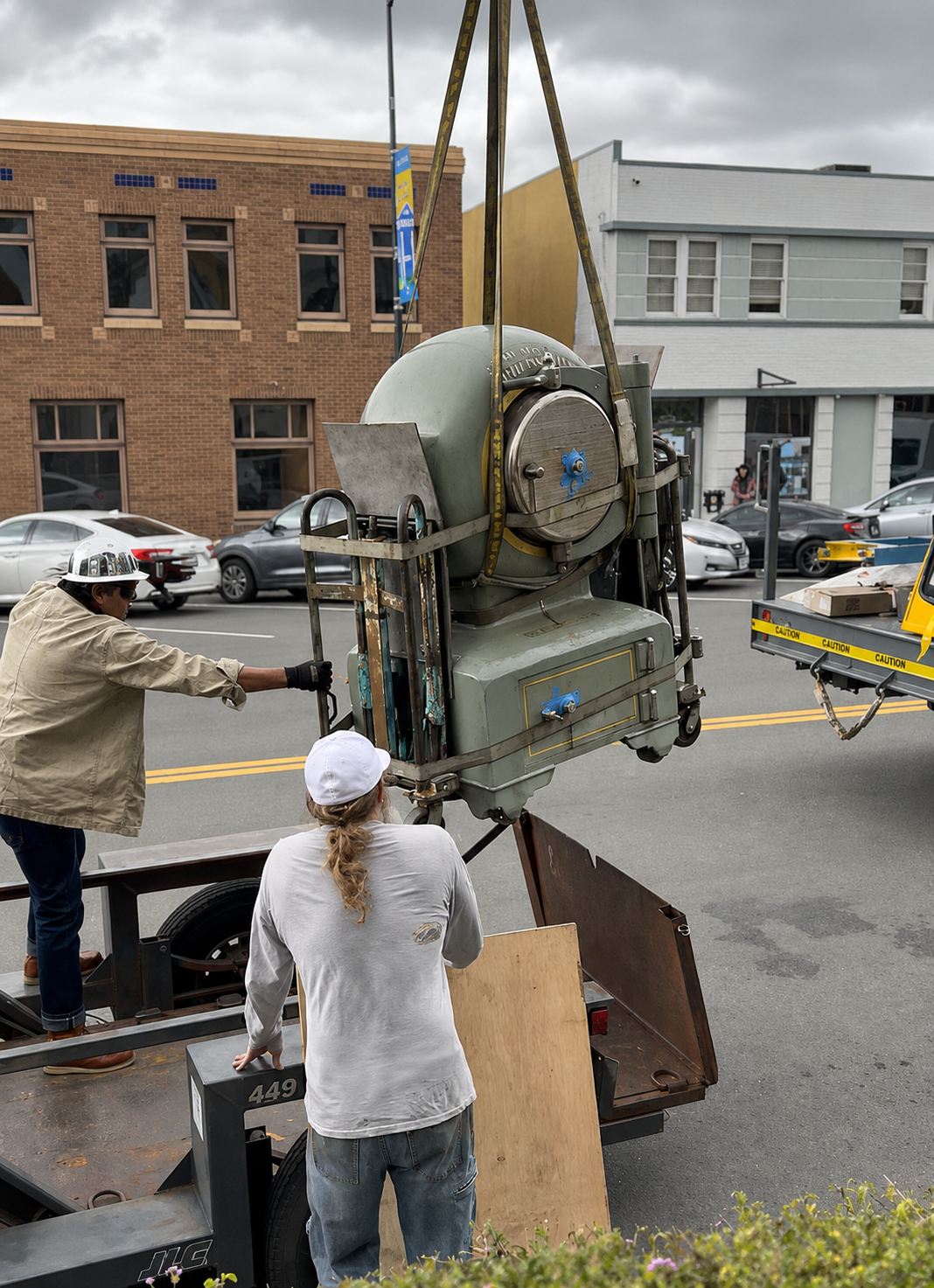 A vintage safe lifted by crane and rigging straps above a flatbed trailer on a city street, crew guiding it