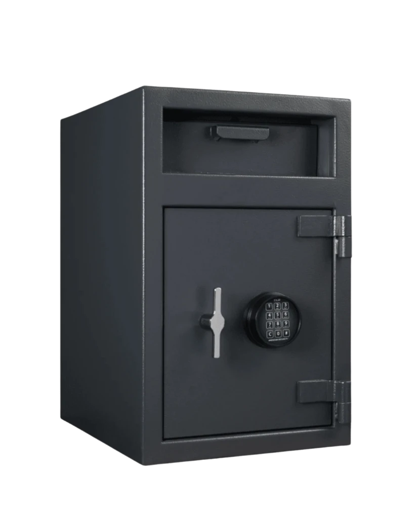 An AmSec front-loading depository drop safe in charcoal steel, with a one-way top drop hopper above a separately locked main compartment and an electronic keypad lock