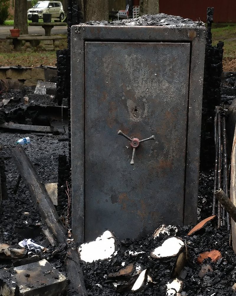 A fire-rated home safe standing closed in a room, lit against a dark wall
