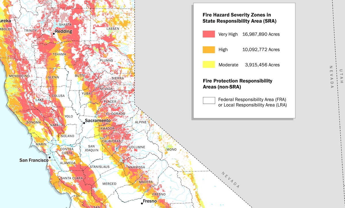 Map of Northern California showing Fire Hazard Severity Zones - Very High in red, High in orange, and Moderate in yellow - across the Sacramento Valley, foothills, and Bay Area counties