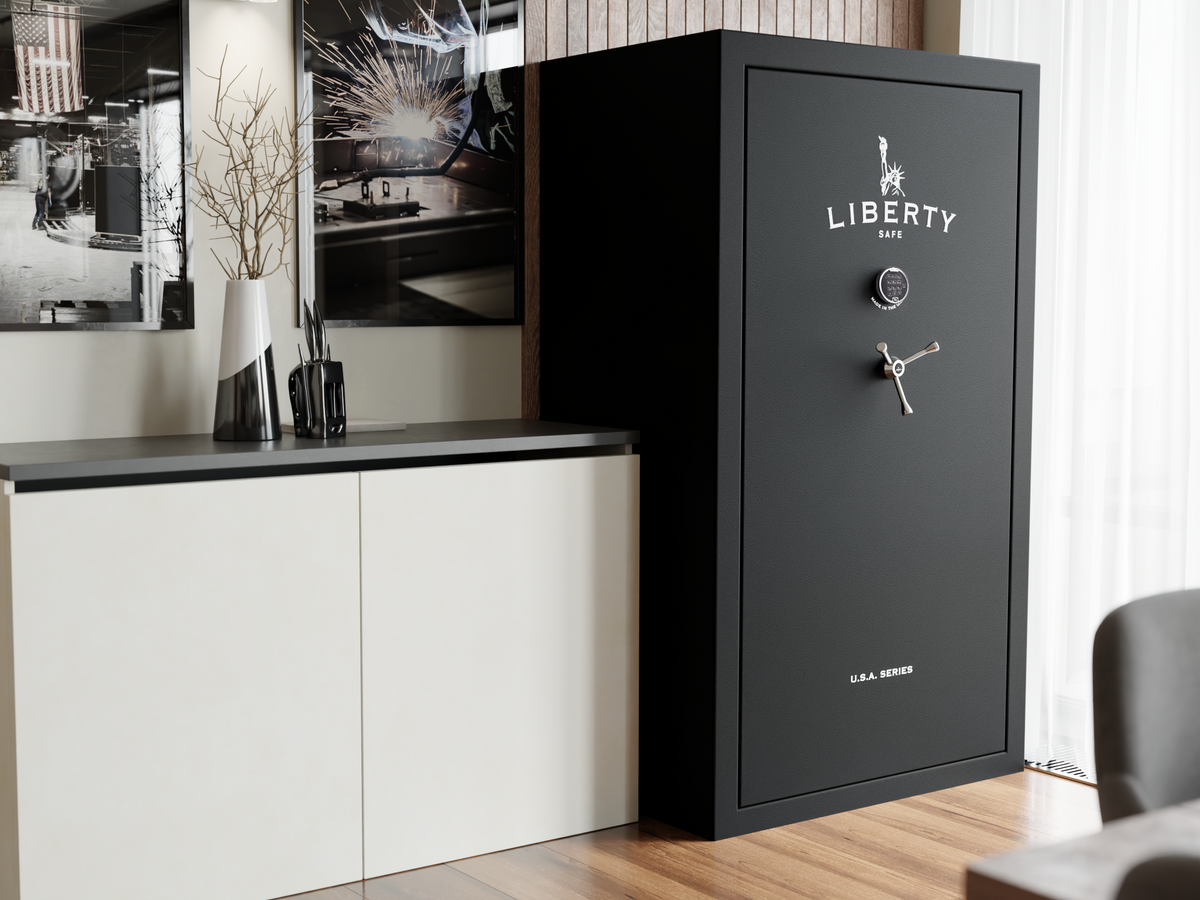 A Liberty USA Series safe installed in a refined modern living space with hardwood floors and curated decor