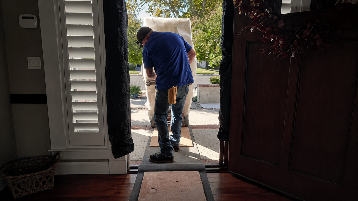 A Norcal technician guiding a wrapped safe across the threshold into a home