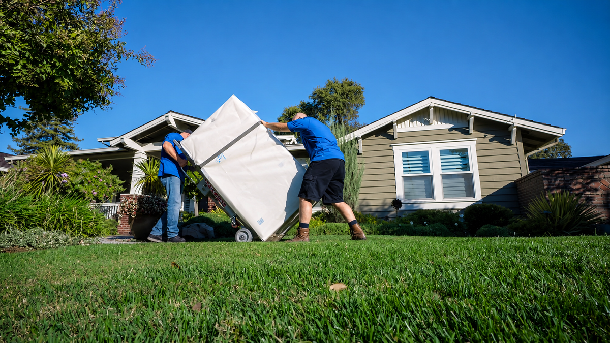 Two Norcal technicians wheeling a wrapped safe on a dolly across a front lawn toward a craftsman home