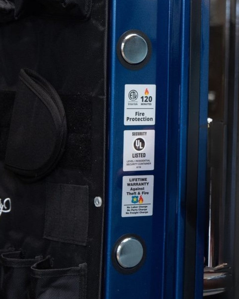 Safe door showing UL Listed security label, ETL 120-minute fire protection label, and lifetime warranty label, the physical certification marks to look for
