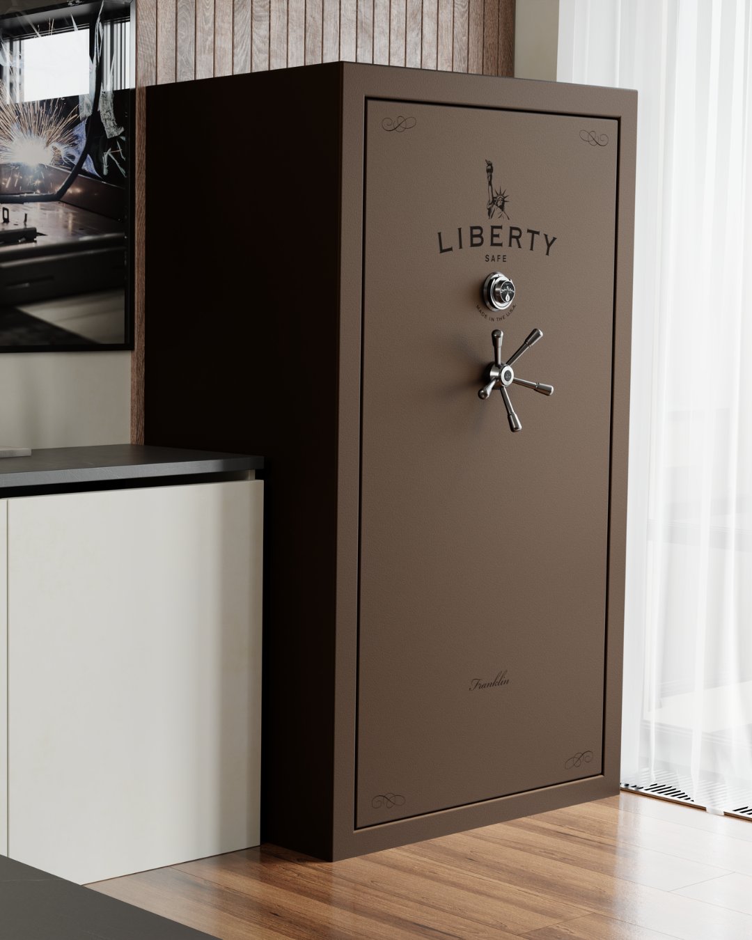 A Liberty Franklin gun safe installed against an interior wall in a modern Northern California home