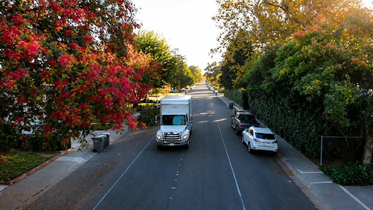 An unmarked white box truck with no safe dealer branding driving down a quiet tree-lined residential street