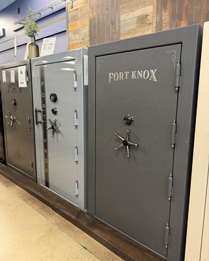 Fort Knox safes on the Norcal Safe and Vault showroom floor, side by side comparison of body construction and bolt hardware