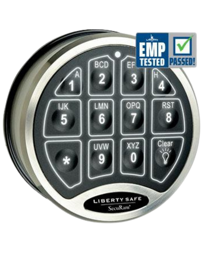 SecuRam EMP-tested electronic keypad lock on a Liberty Safe
