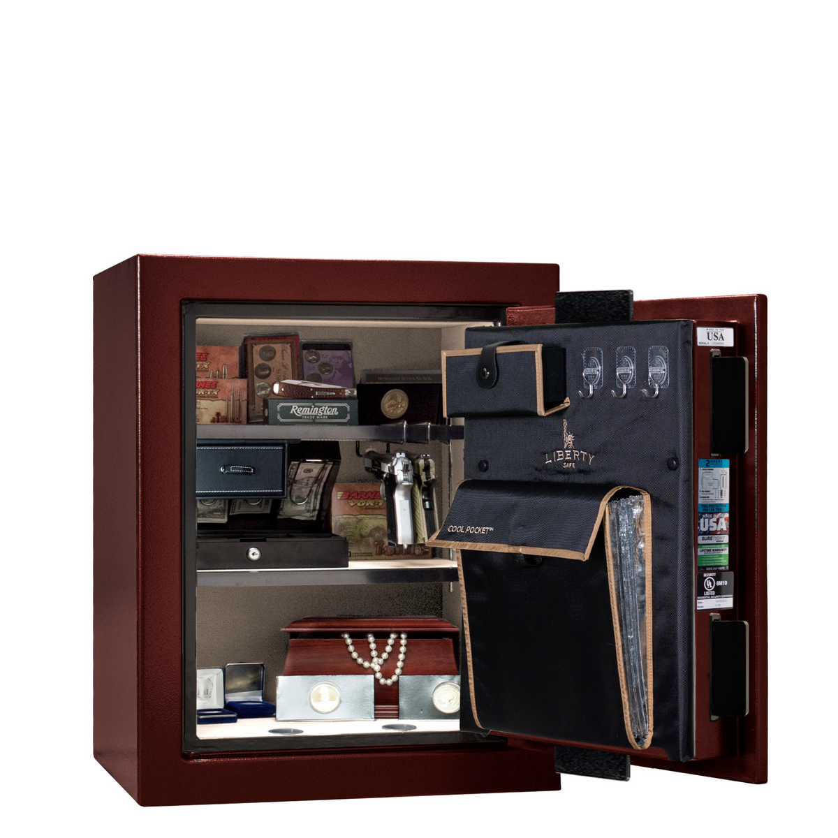 Premium Home Series | Level 7 Security | 2 Hour Fire Protection | 08 | Dimensions: 30&quot;(H) x 24&quot;(W) x 20.25&quot;(D) | Burgundy Gloss Black Chrome - Open Door
