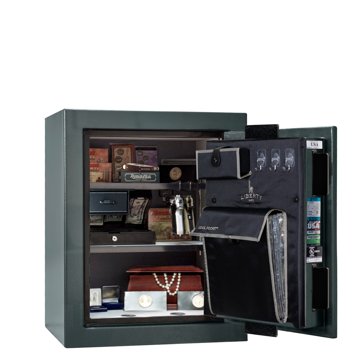 Premium Home Series | Level 7 Security | 2 Hour Fire Protection | 08 | Dimensions: 30&quot;(H) x 24&quot;(W) x 20.25&quot;(D) | Forest Mist Gloss - Open Door