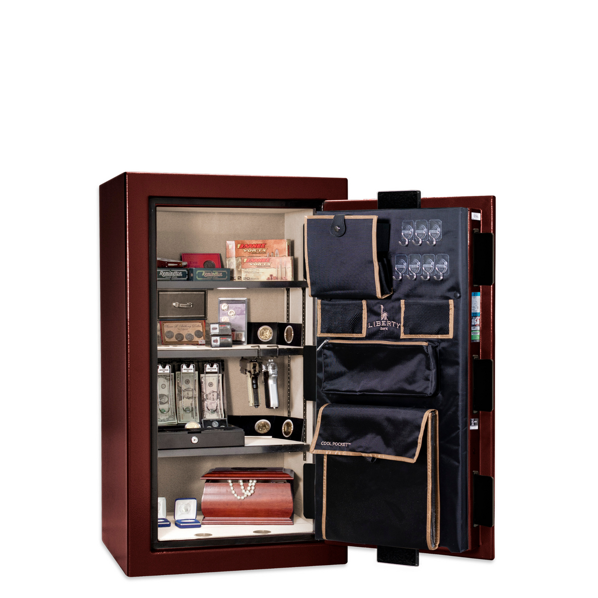 Premium Home Series | Level 7 Security | 2 Hour Fire Protection | 12 | Dimensions: 42&quot;(H) x 24&quot;(W) x 20.25&quot;(D) | Burgundy Marble Black Chrome - Open Door