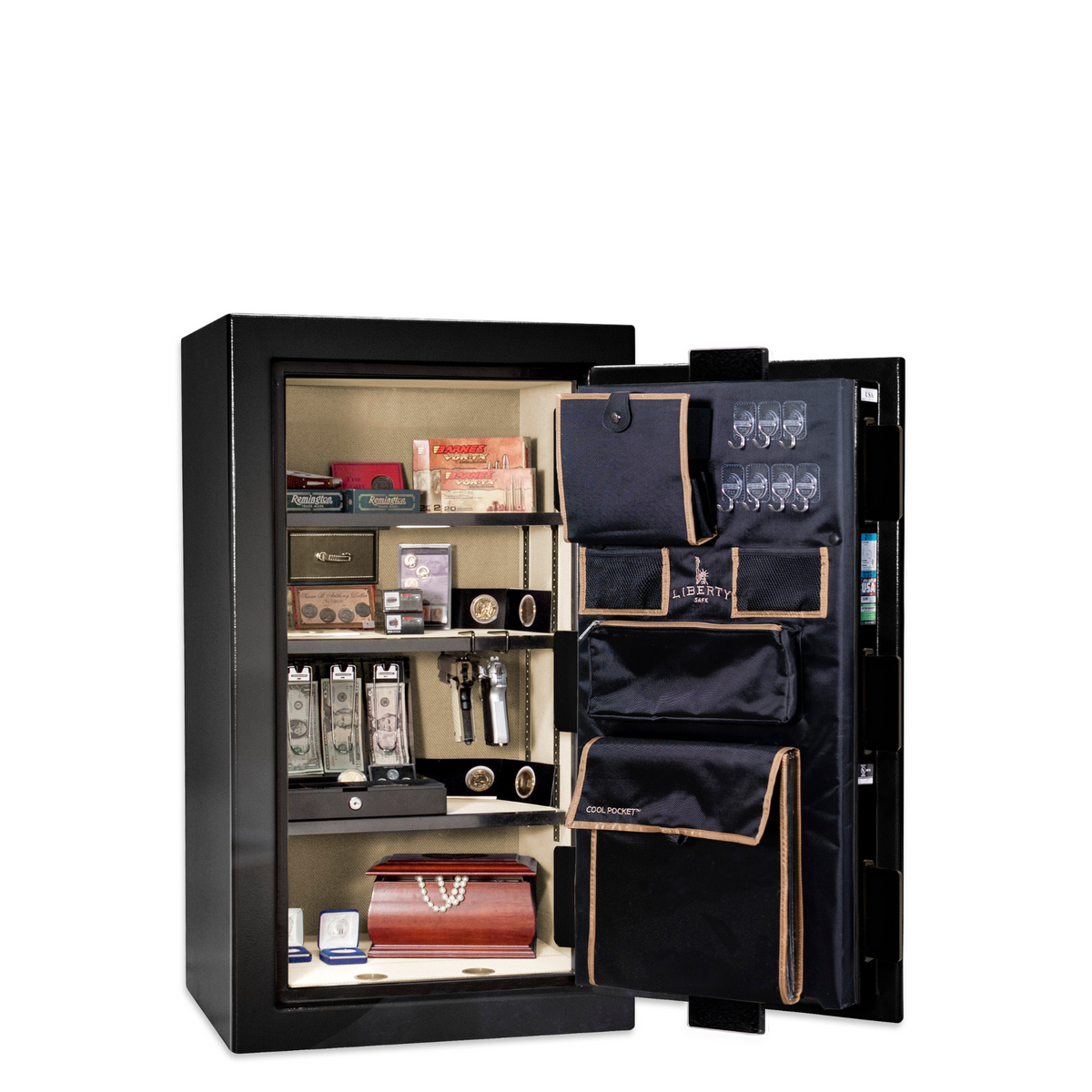 Premium Home Series | Level 7 Security | 2 Hour Fire Protection | 12 | Dimensions: 42&quot;(H) x 24&quot;(W) x 20.25&quot;(D) | Black Gloss Black Chrome - Open Door