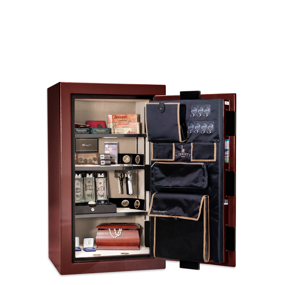 Premium Home Series | Level 7 Security | 2 Hour Fire Protection | 12 | Dimensions: 42&quot;(H) x 24&quot;(W) x 20.25&quot;(D) | Burgundy Gloss Black Chrome - Open Door