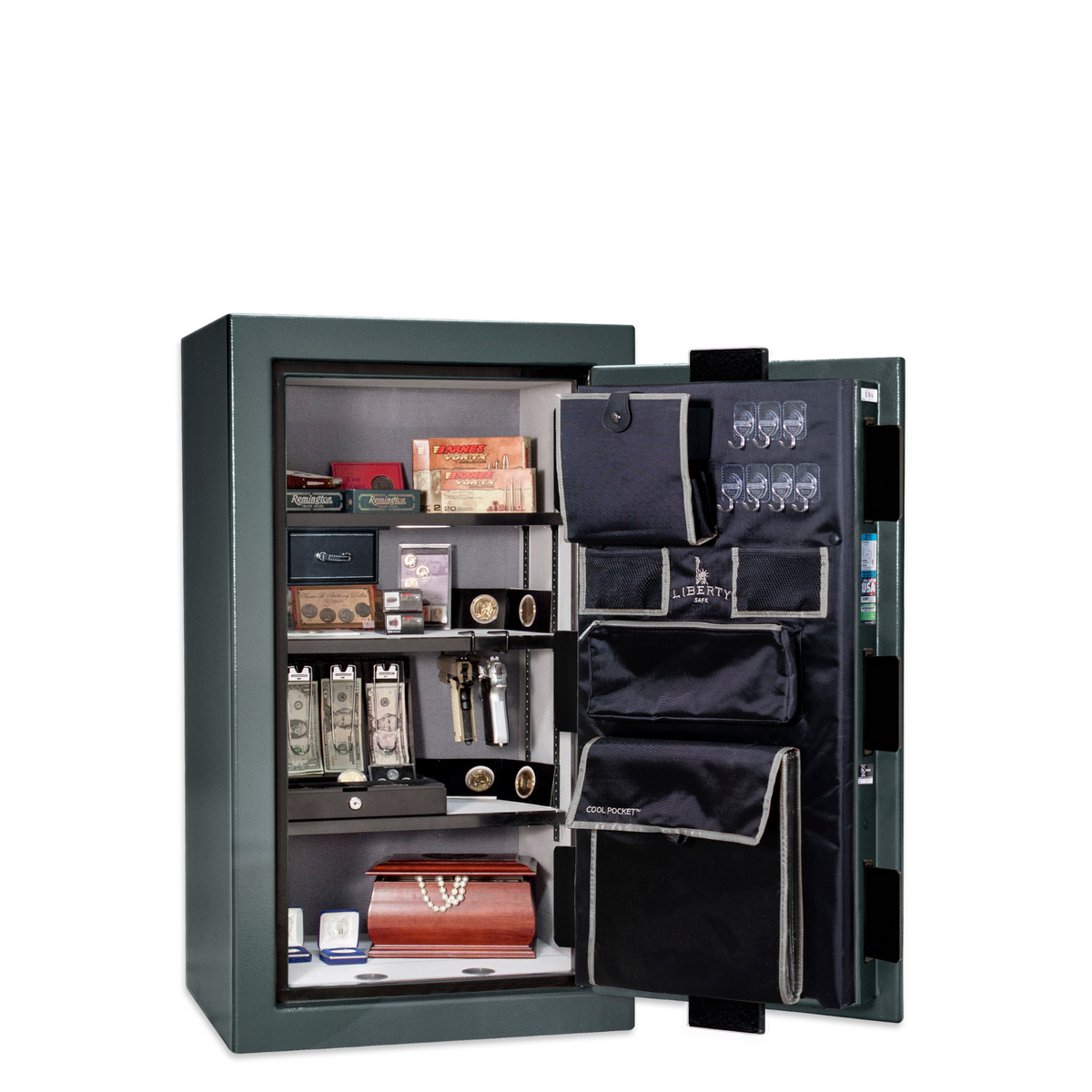 Premium Home Series | Level 7 Security | 2 Hour Fire Protection | 12 | Dimensions: 42&quot;(H) x 24&quot;(W) x 20.25&quot;(D) | Forest Mist Gloss - Open Door
