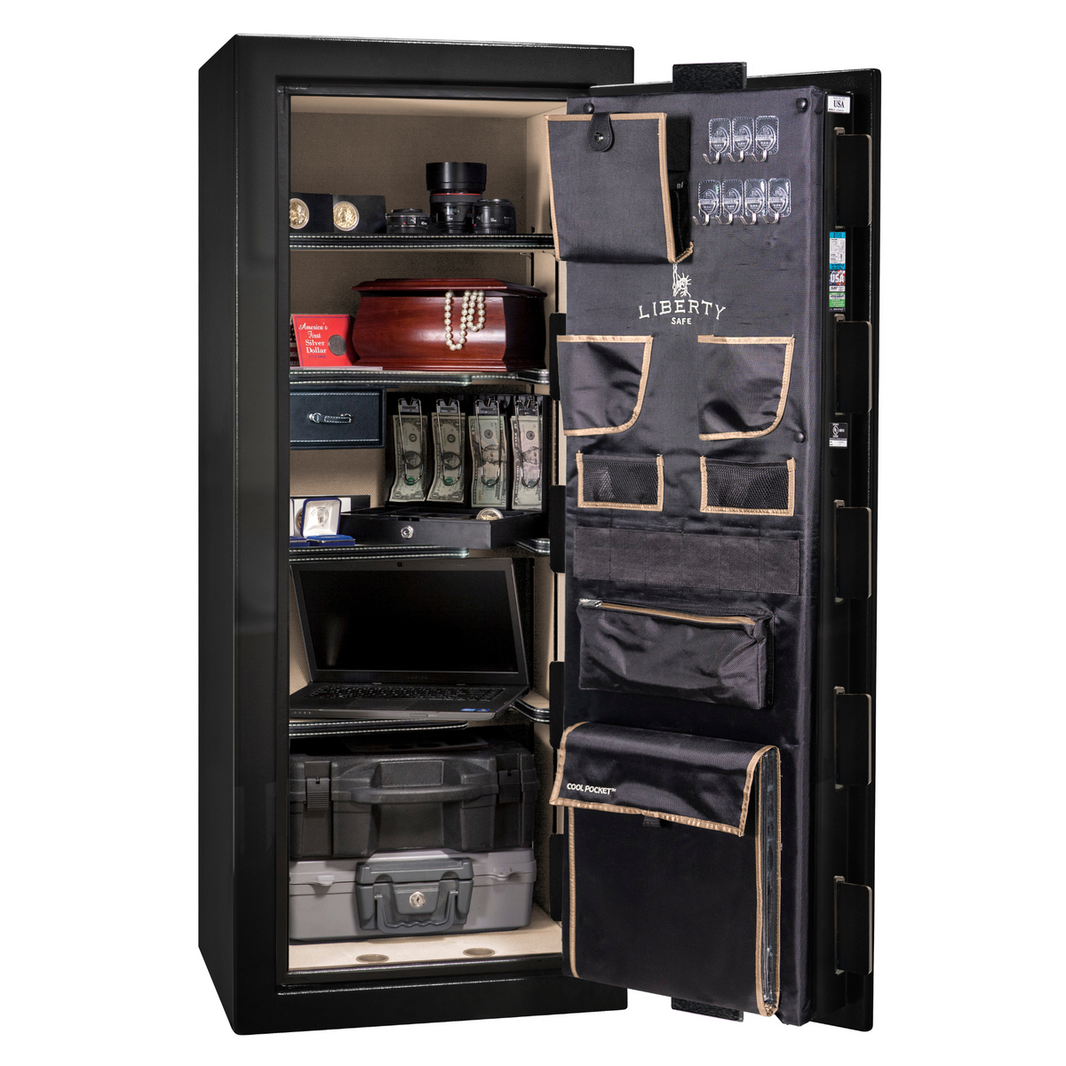 Premium Home Series | Level 7 Security | 2 Hour Fire Protection | 17 | Dimensions: 59.25&quot;(H) x 24&quot;(W) x 20.25&quot;(D) | Black Gloss Black Chrome - Open Door