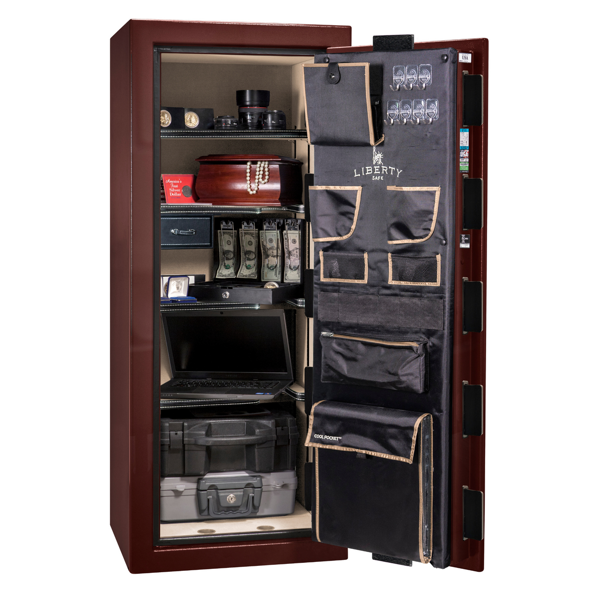 Premium Home Series | Level 7 Security | 2 Hour Fire Protection | 17 | Dimensions: 59.25&quot;(H) x 24&quot;(W) x 20.25&quot;(D) | Burgundy Gloss Black Chrome - Open Door